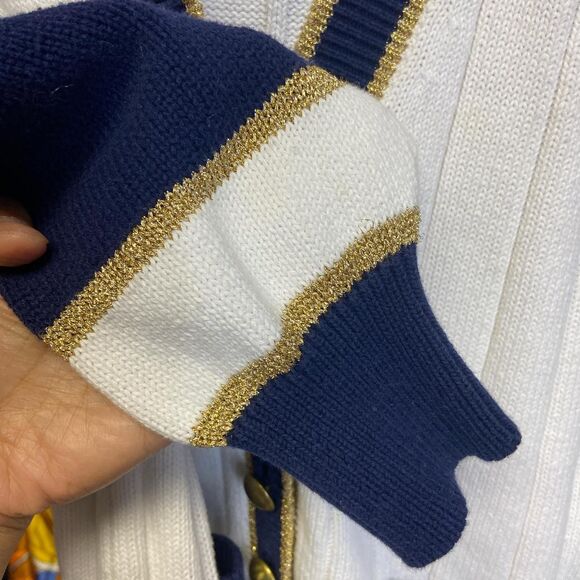 Vintage Pierre Cardin knit gold navy and white sweater cardigan size M - Picture 11 of 11